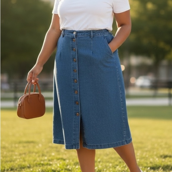 Vintage (18) TANJAY Petites Denim Midi Skirt Buttons Cotton Pockets Dark Wash - Picture 11 of 11